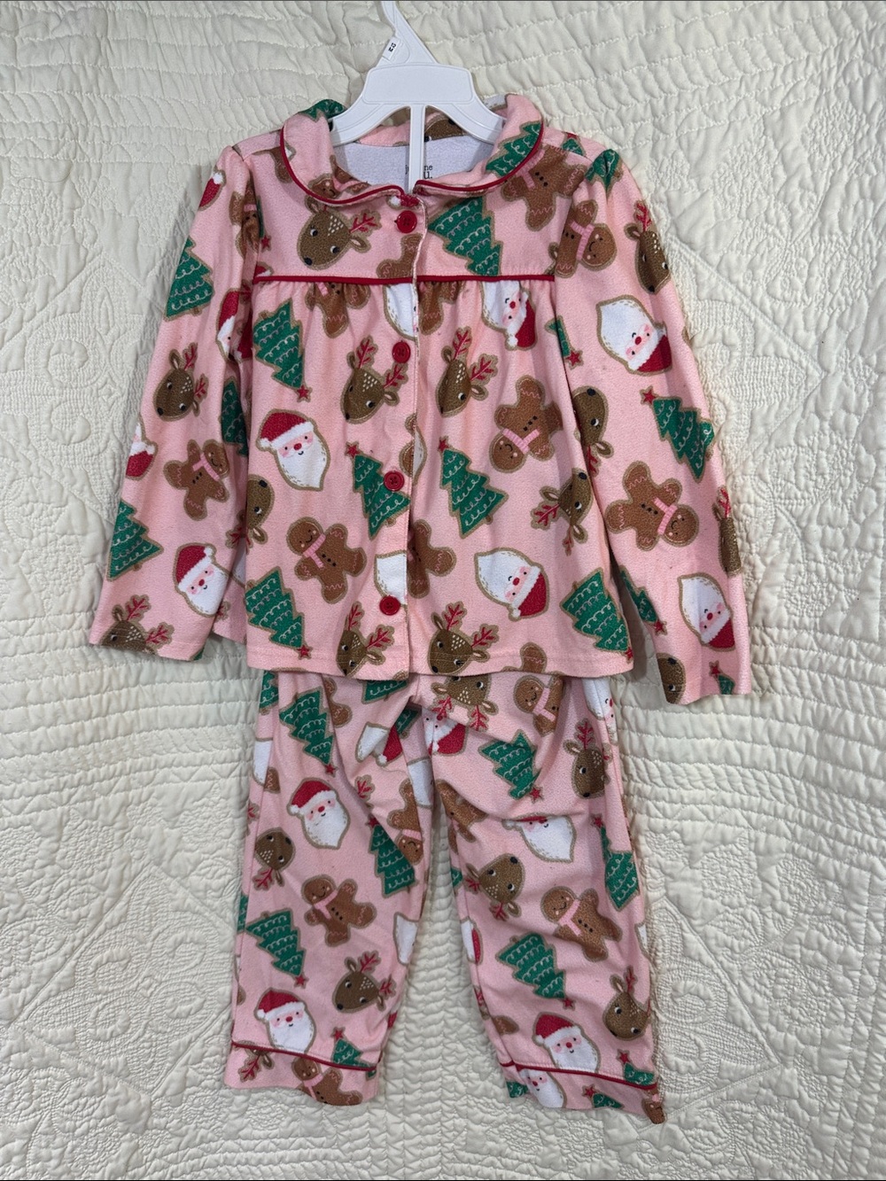 Girls Carters Size 5T Pink Holiday Fleece Pajama Set with Santa & Reindeer